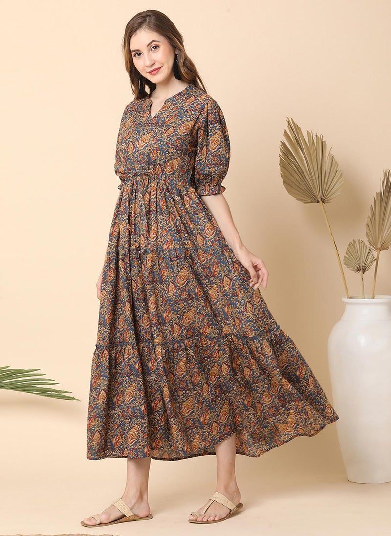 Globus Women Mandarin Collar Puff Sleeves All Over Ethnic Print Fit & Flare Maxi Dress - Image 3